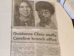 A newspaper clipping reports the hire of Thomas Victory to the Rappahannock Guidance Clinic in the 1970s.
