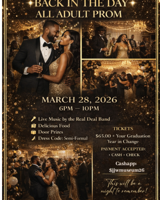 Back in the Day” All‑Adult Prom on Saturday, March 28, 2026, from 6:00–10:00 p.m. at 7565 Courthouse Rd., Spotsylvania Courthouse, VA